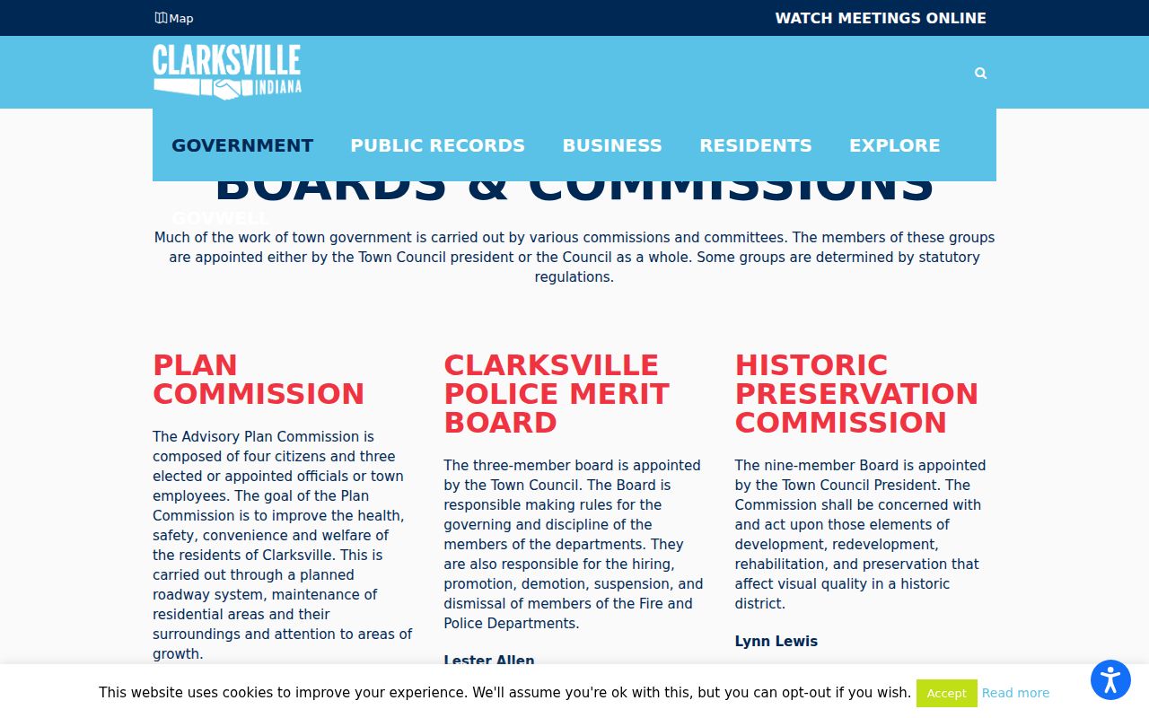 Town of Clarksville boards and commissions roster page