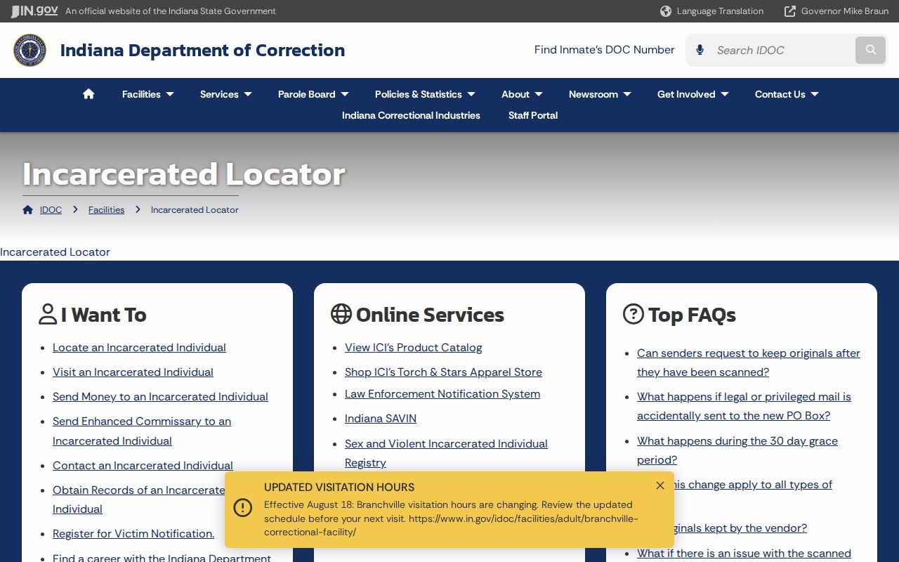Indiana Department of Correction locator for Clarksville name research