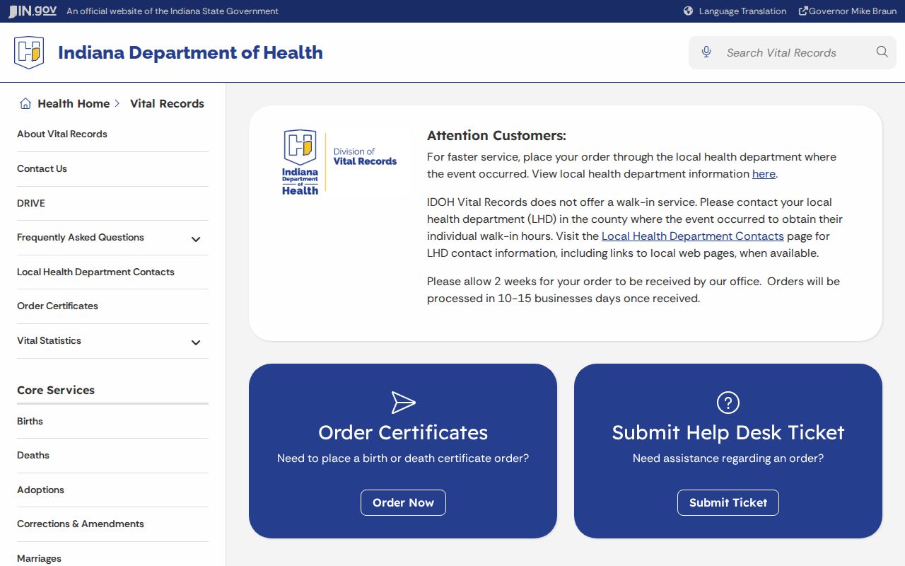 Indiana Vital Records page serving Clarksville families