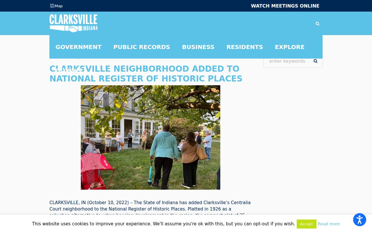 Town of Clarksville announcement for Centralia Court historic neighborhood