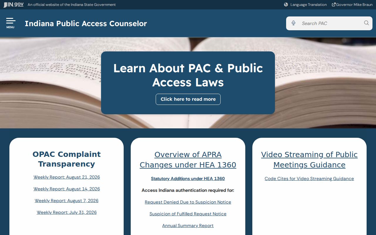 Indiana Public Access Counselor public records guidance page for Clarksville research