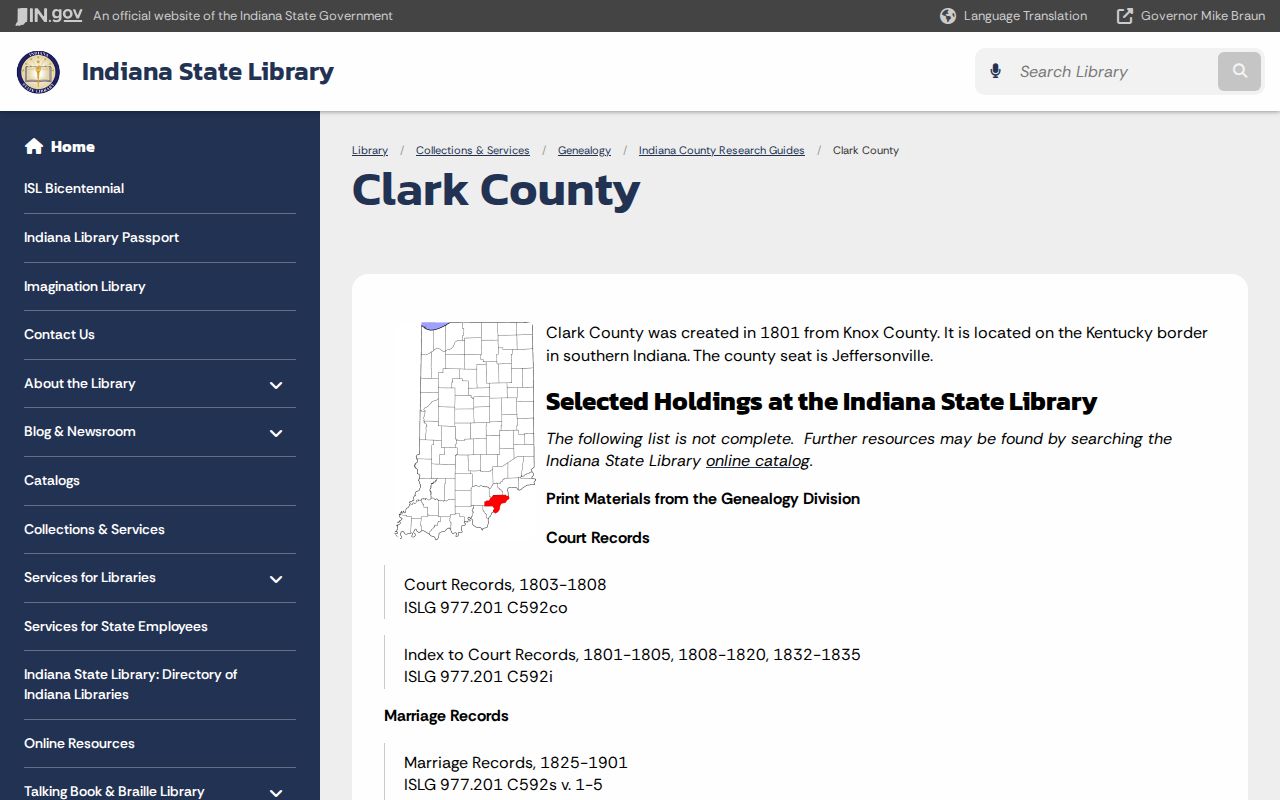 Indiana State Library Clark County genealogy research guide
